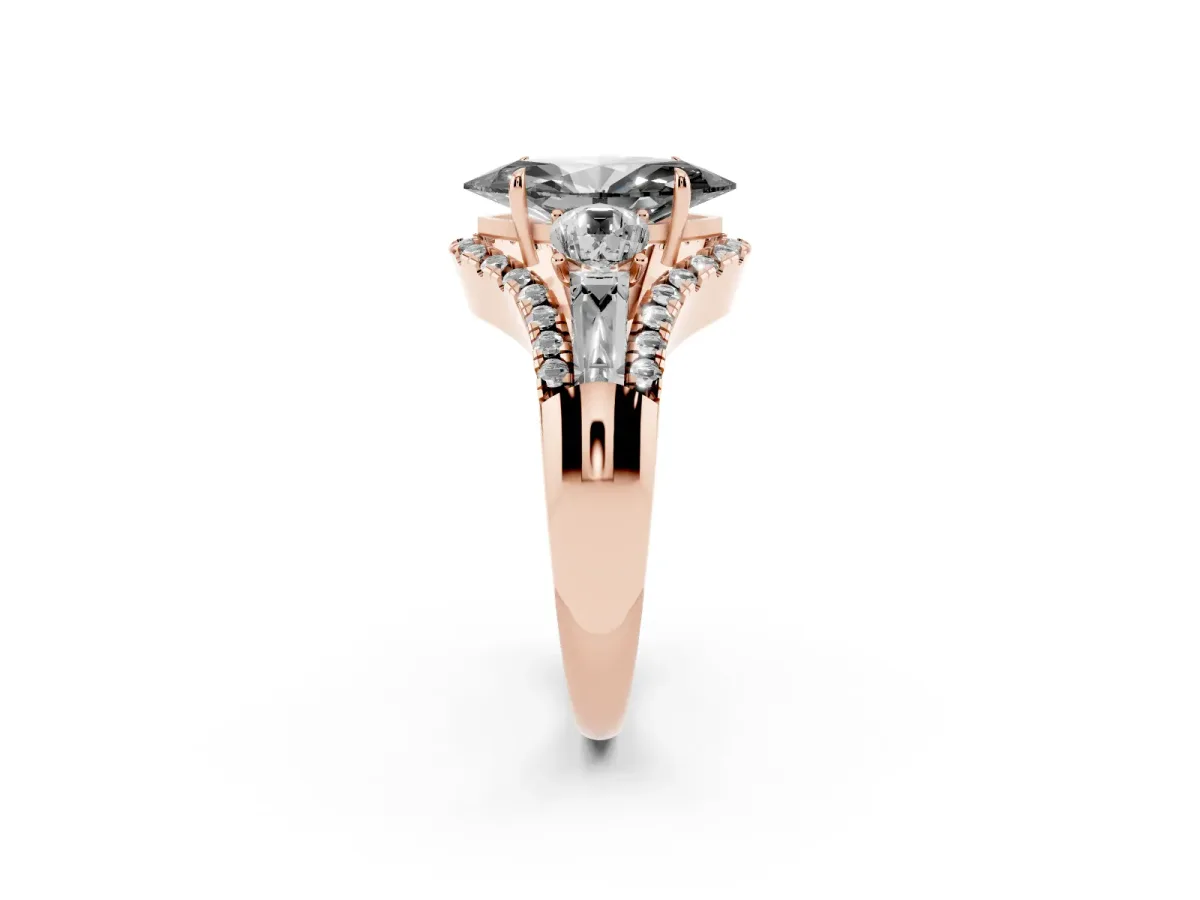 Fancy Black Three-Stone Marquise Cut Diamond Engagement Ring with Pave Band and Prong Setting Rose gold