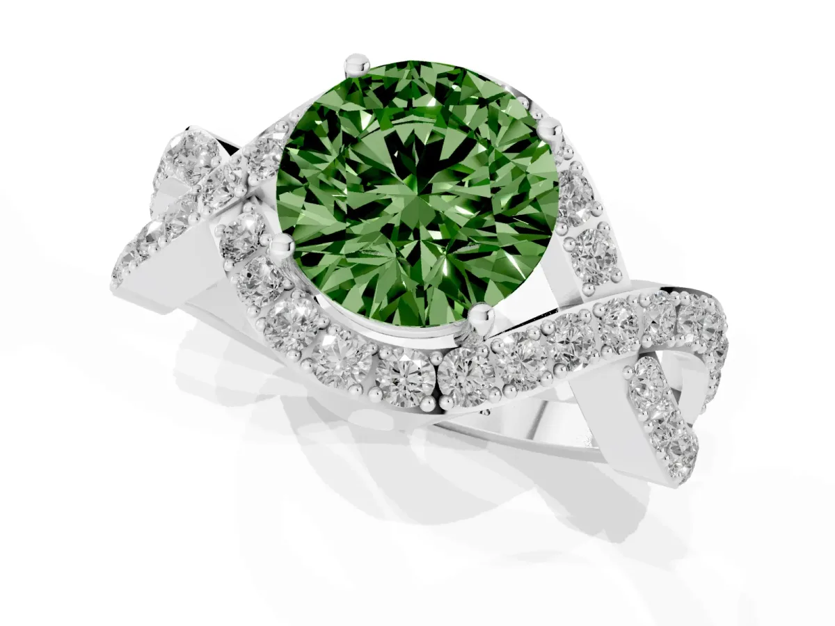 Fancy Green Round Cut Solitaire Twist Band Pavé Diamond Engagement Ring Silver
