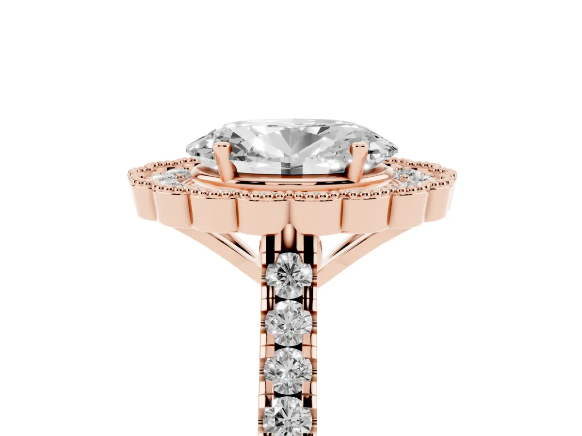Oval Cut Cut Diamond Milgrain Floral Halo Engagement Ring with Pavé Band Rose gold