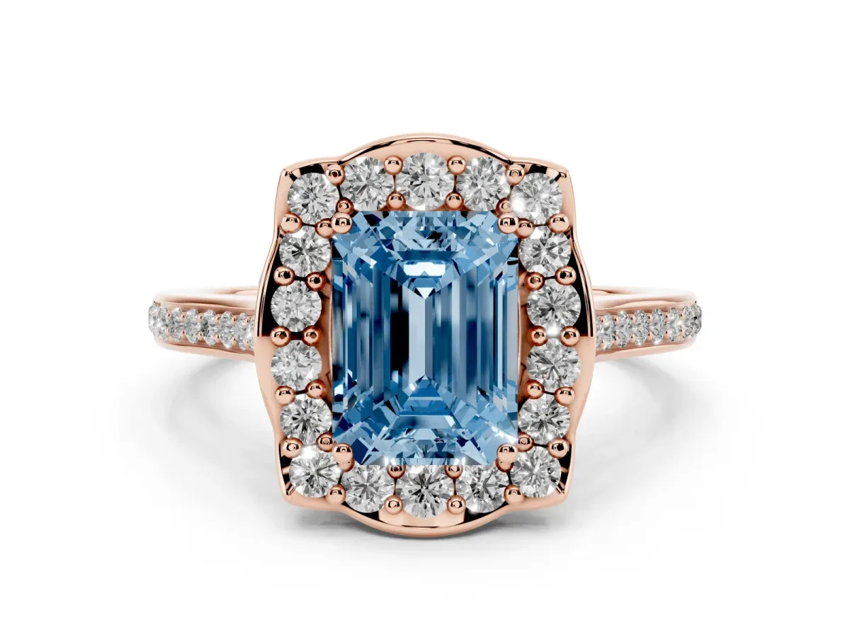 Fancy Blue Emerald Cut Halo Round Diamond Pave Band with Four-Prong Setting Rose gold