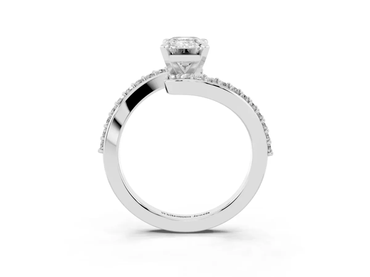 Emerald Cut Solitaire Twist Band with Pave Set Diamonds and Four-Prong Setting Silver