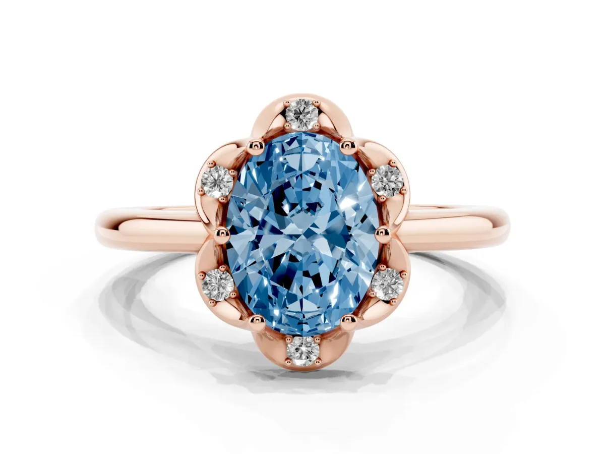 Fancy Blue Oval Cut Halo Diamond Ring with Round Cluster Setting, Solitaire Band, and Four-Prong Setting Rose gold