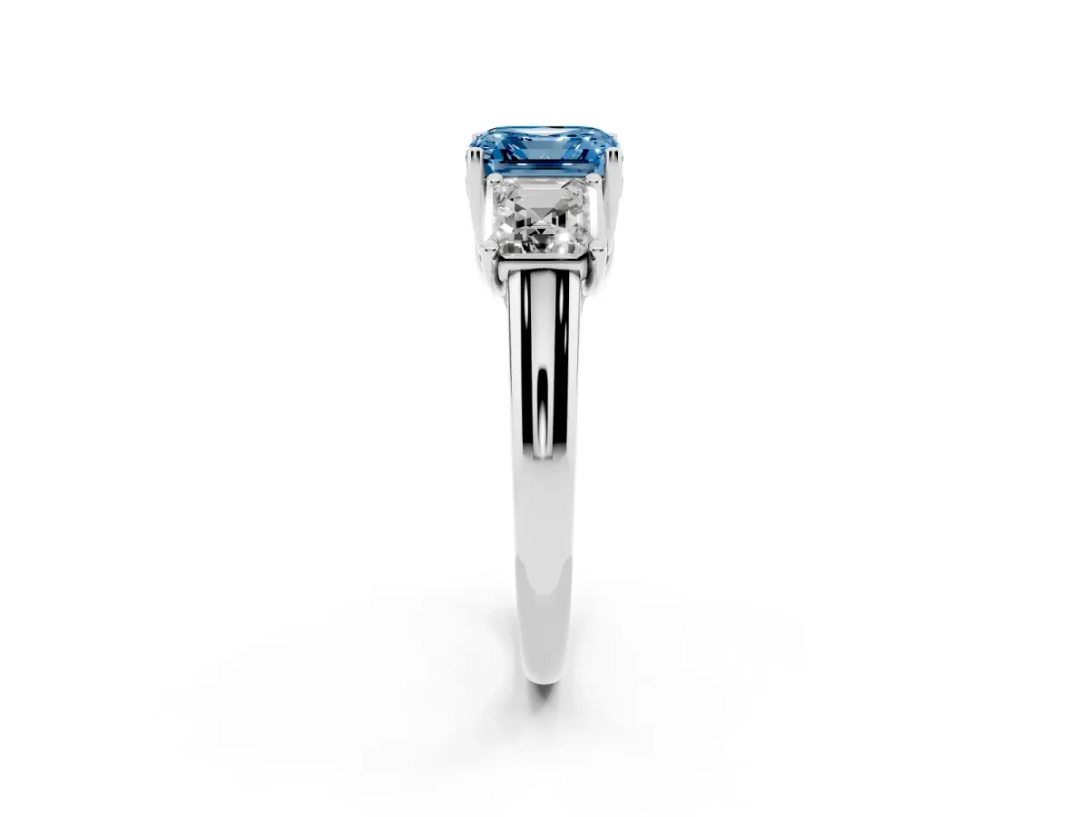 Fancy Blue Three-Stone Asscher Cut Diamond Engagement Ring with Prong Setting Silver