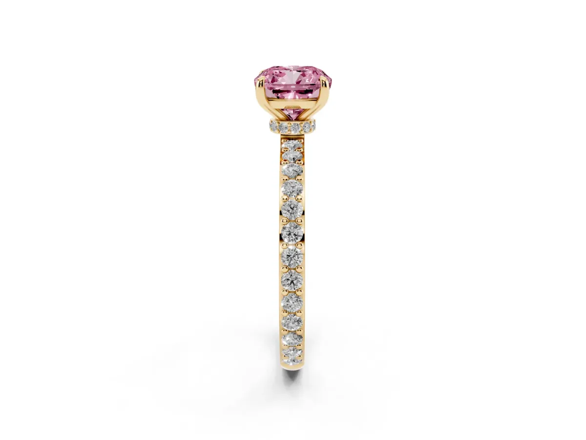 Fancy Pink Cushion Cut Diamond Pavé Engagement Ring with Round Accents and Prong Setting Yellow gold