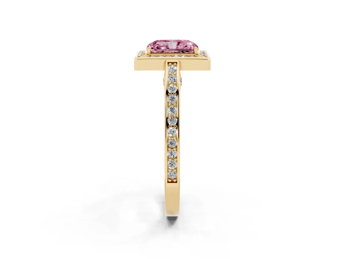 Fancy Pink Radiant Cut Cut Halo Pave Split Shank Prong Setting Ring Yellow gold