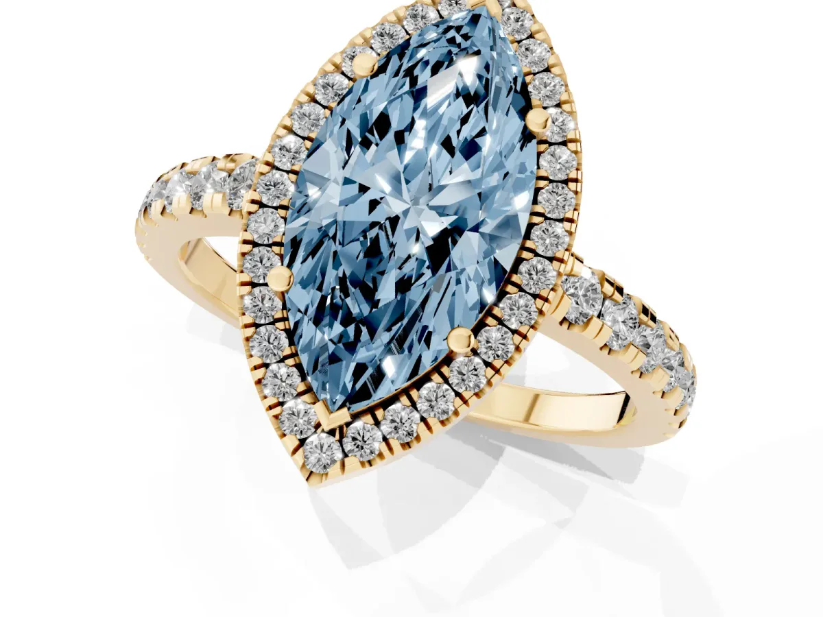 Fancy Blue Marquise Cut Diamond Halo Ring with Pavé Band and Four-Prong Setting Yellow gold