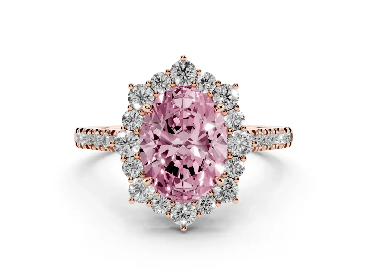Fancy Pink Oval Cut Halo Diamond Ring with Pavé Band and Prong Setting Rose gold