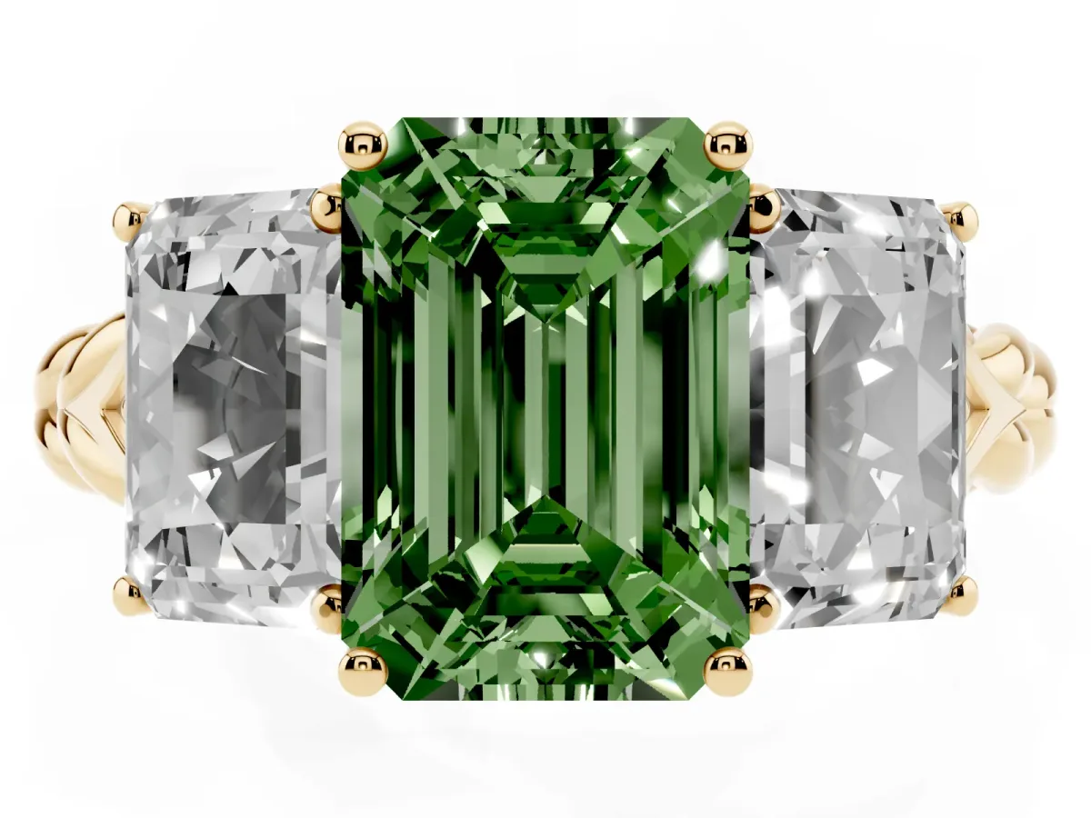 Fancy Green Three-Stone Radiant Cut Diamond Braided Band Ring with Four-Prong Setting Yellow gold