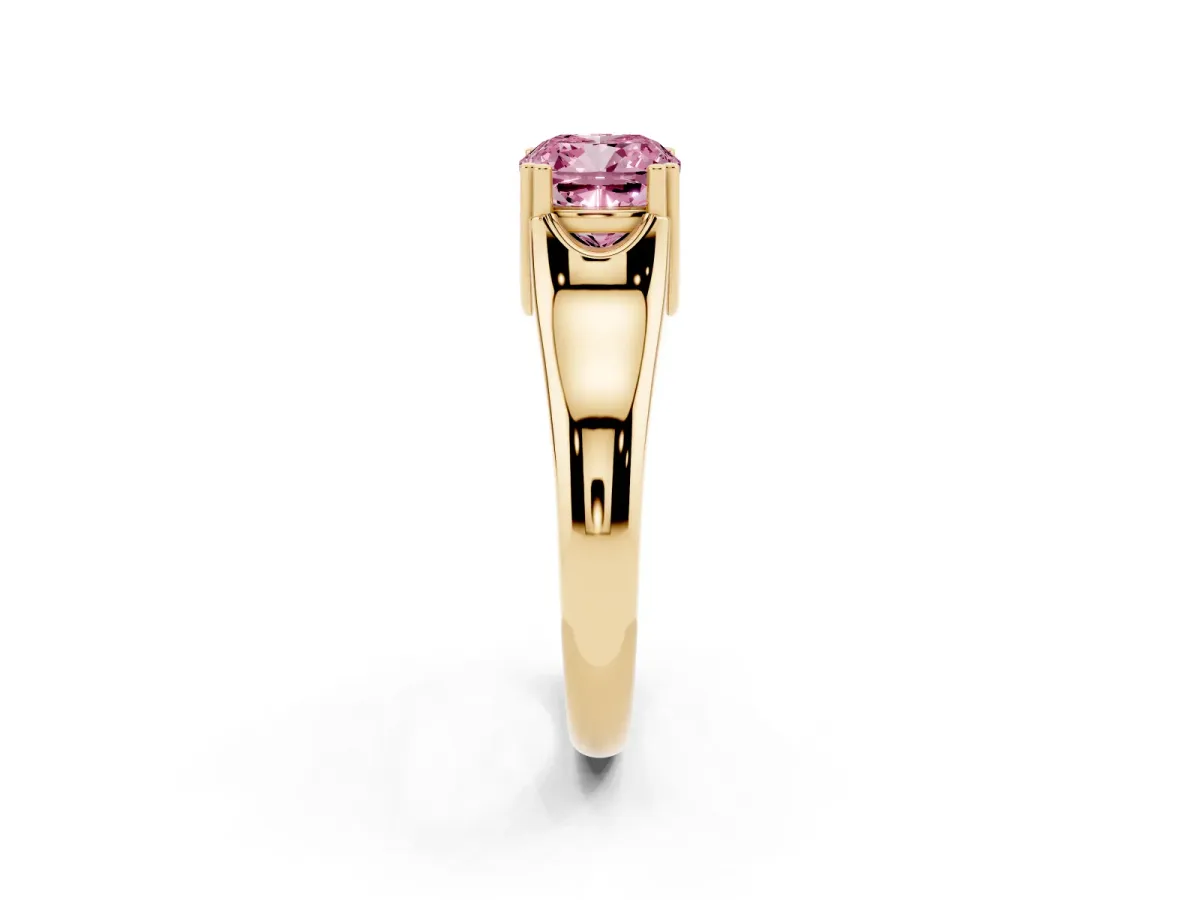 Fancy Pink Cushion Cut Diamond Solitaire Ring with Wide Band and Prong Setting Yellow gold