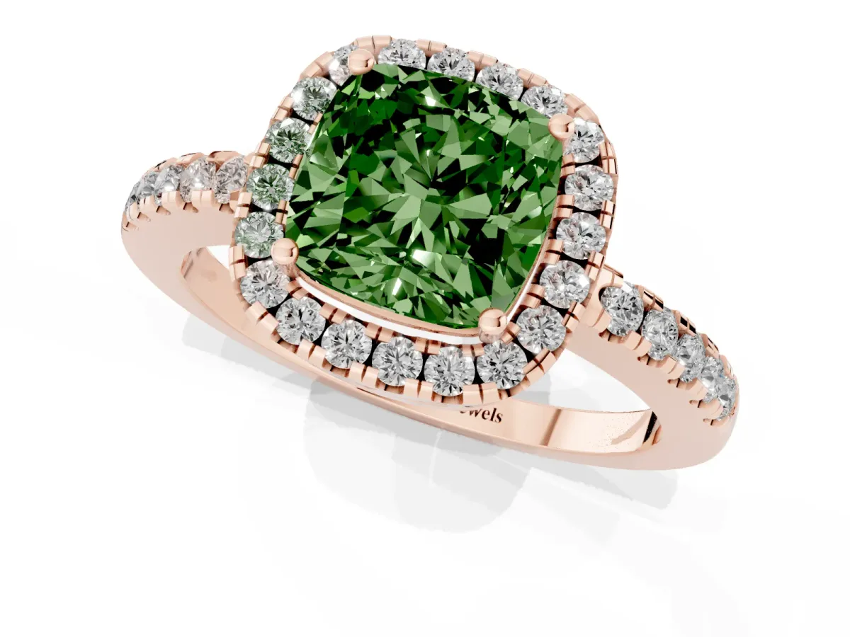 Fancy Green Cushion Cut Halo Diamond Engagement Ring with Pavé Band and Four-Prong Setting Rose gold