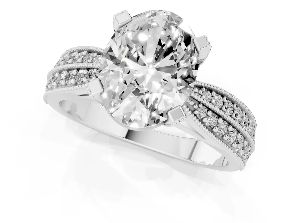 Oval Cut Diamond Solitaire Ring with Milgrain Round Pavé Band and Prong Setting Platinum