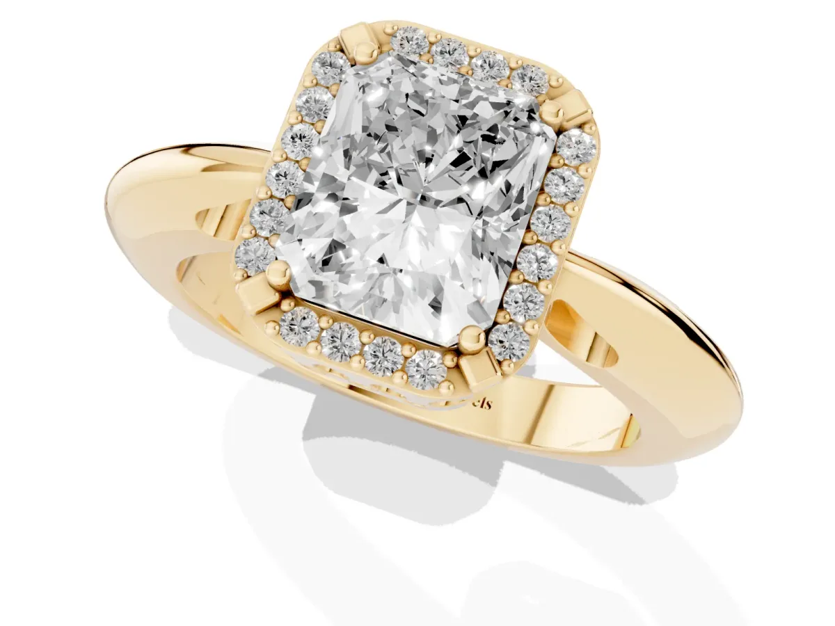 Radiant Cut Cut Diamond Halo Engagement Ring with Split Shank and Four-Prong Setting Yellow gold