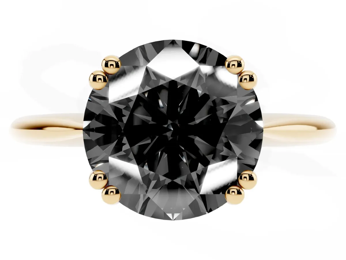 Fancy Black Round Cut Solitaire Diamond Ring with Six-Prong Setting and Classic Band Yellow gold