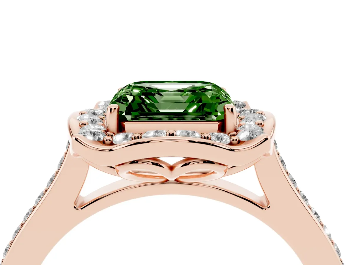 Fancy Green Asscher Cut Halo Round Diamond Pave Band with Four-Prong Setting Rose gold