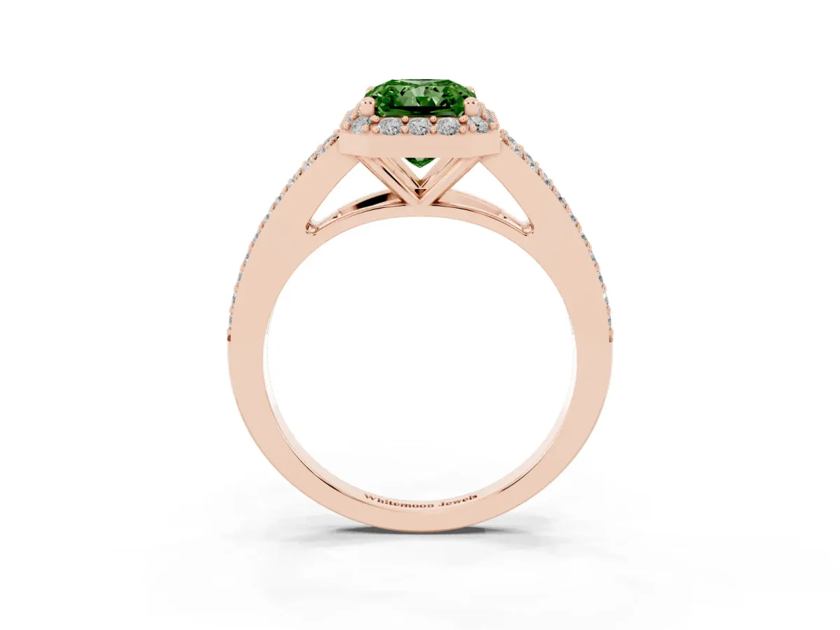 Fancy Green Radiant Cut Halo Split Shank Diamond Ring with Prong Setting Rose gold