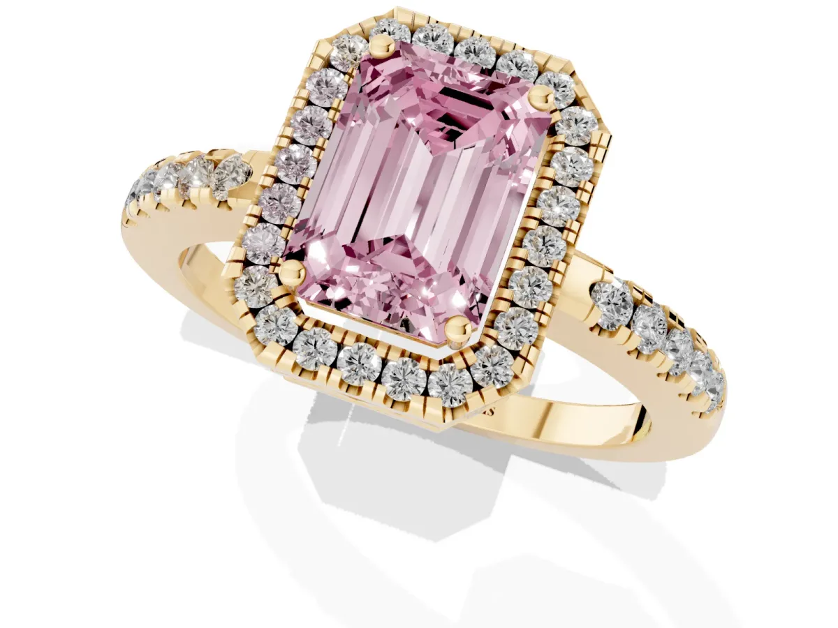 Fancy Pink Emerald Cut Halo Diamond Engagement Ring with Pavé Band and Four-Prong Setting Yellow gold