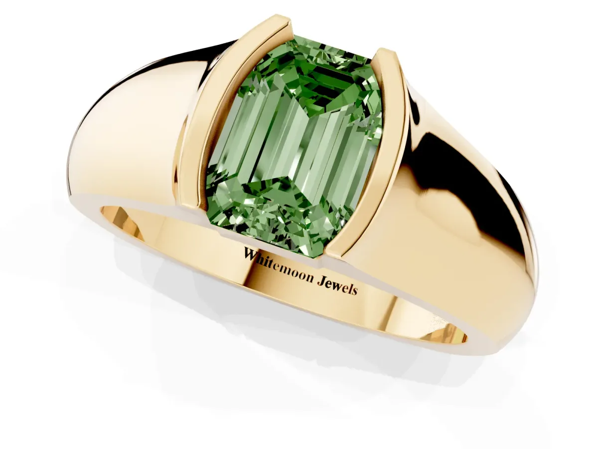 Fancy Green Emerald Cut Solitaire Bezel Set Diamond Ring with Wide Band Yellow gold