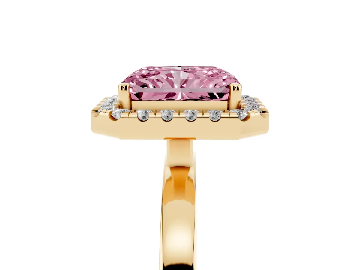 Fancy Pink Radiant Cut Halo Diamond Solitaire with Pavé Band and Four-Prong Setting Yellow gold