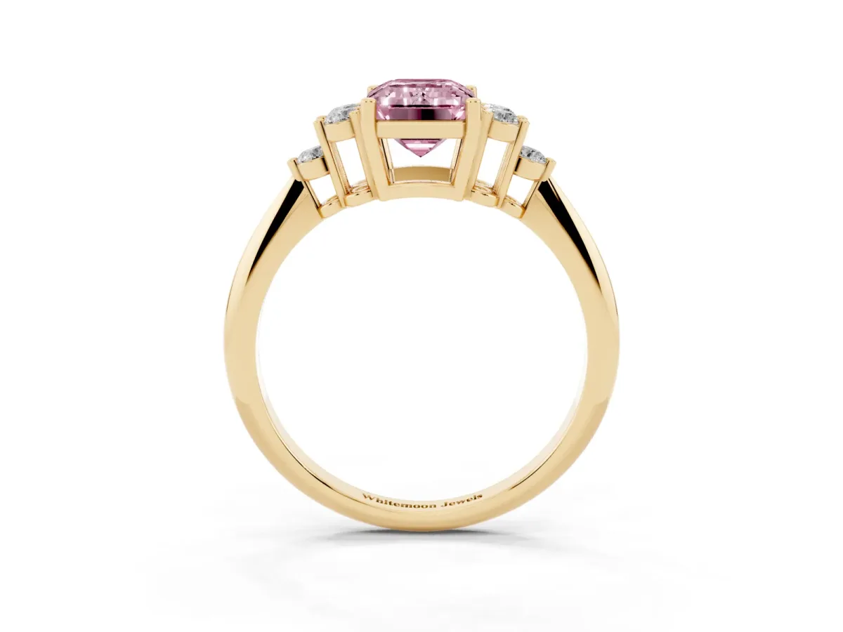 Fancy Pink Emerald Cut Cut Diamond Cluster Ring with Solitaire Band and Four-Prong Setting Yellow gold