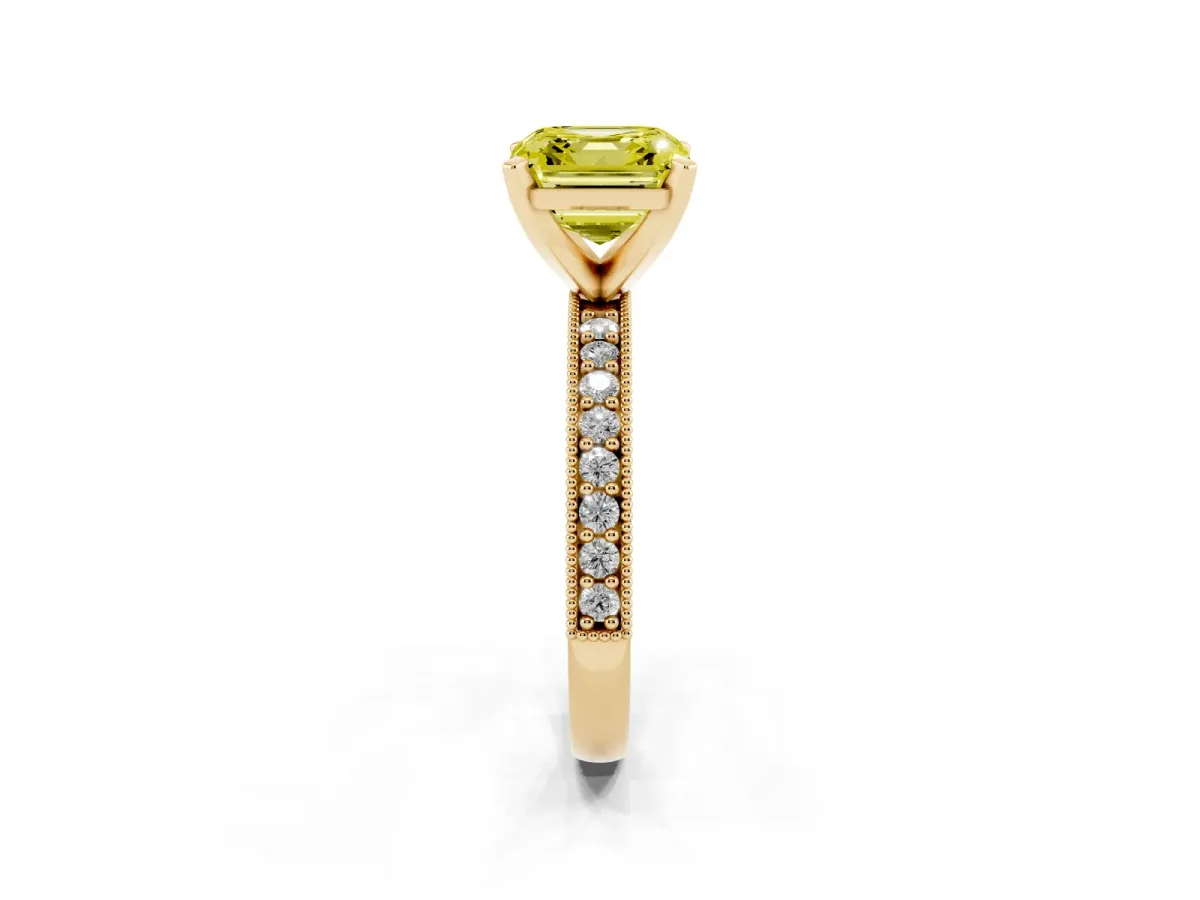 Fancy Yellow Asscher Cut Diamond Milgrain Pavé Engagement Ring with Four-Prong Setting Yellow gold