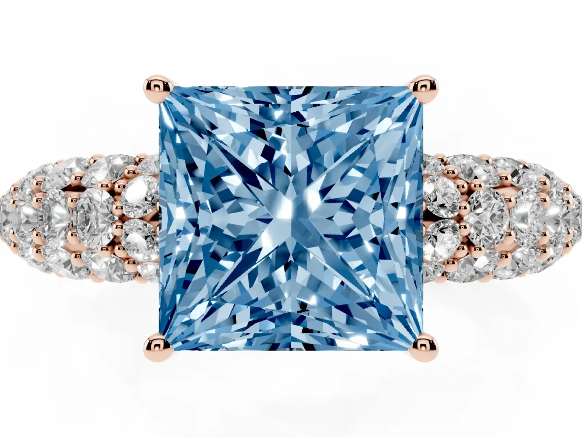 Fancy Blue Princess Cut Diamond Pavé Band Solitaire Ring with Four-Prong Setting Rose gold