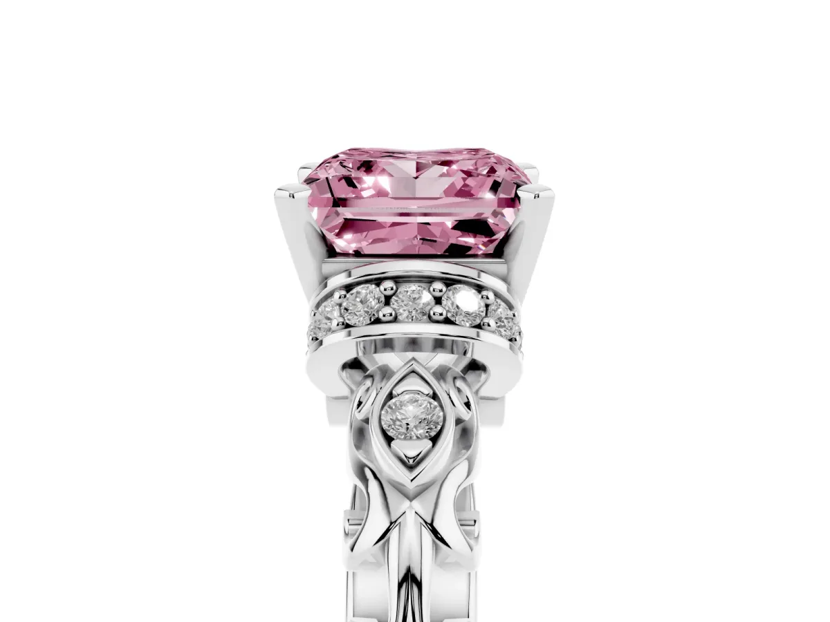Fancy Pink Princess Cut Diamond Solitaire Ring with Filigree Band and Four-Prong Setting Silver