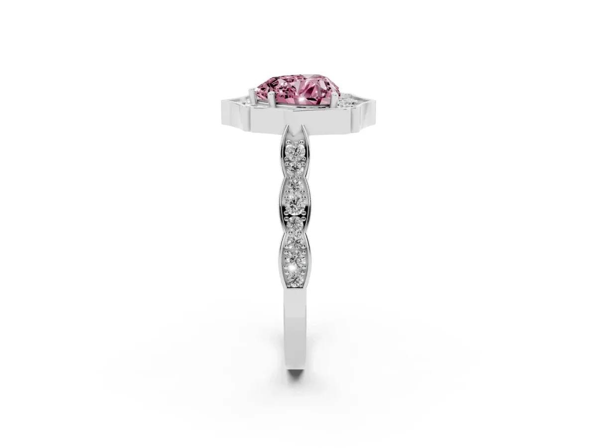 Fancy Pink Heart Cut Halo Diamond Engagement Ring with Milgrain Band and Four-Prong Setting Platinum