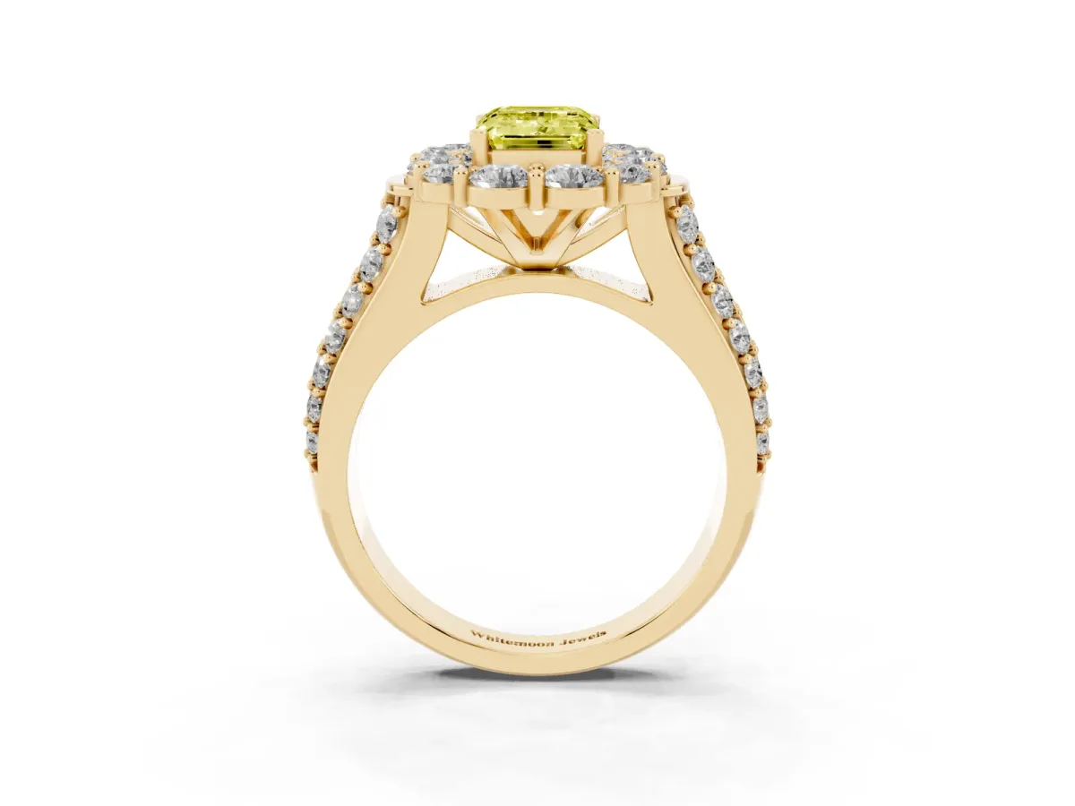 Fancy Yellow Emerald Cut Halo Diamond Engagement Ring with Split Shank and Prong Setting Yellow gold