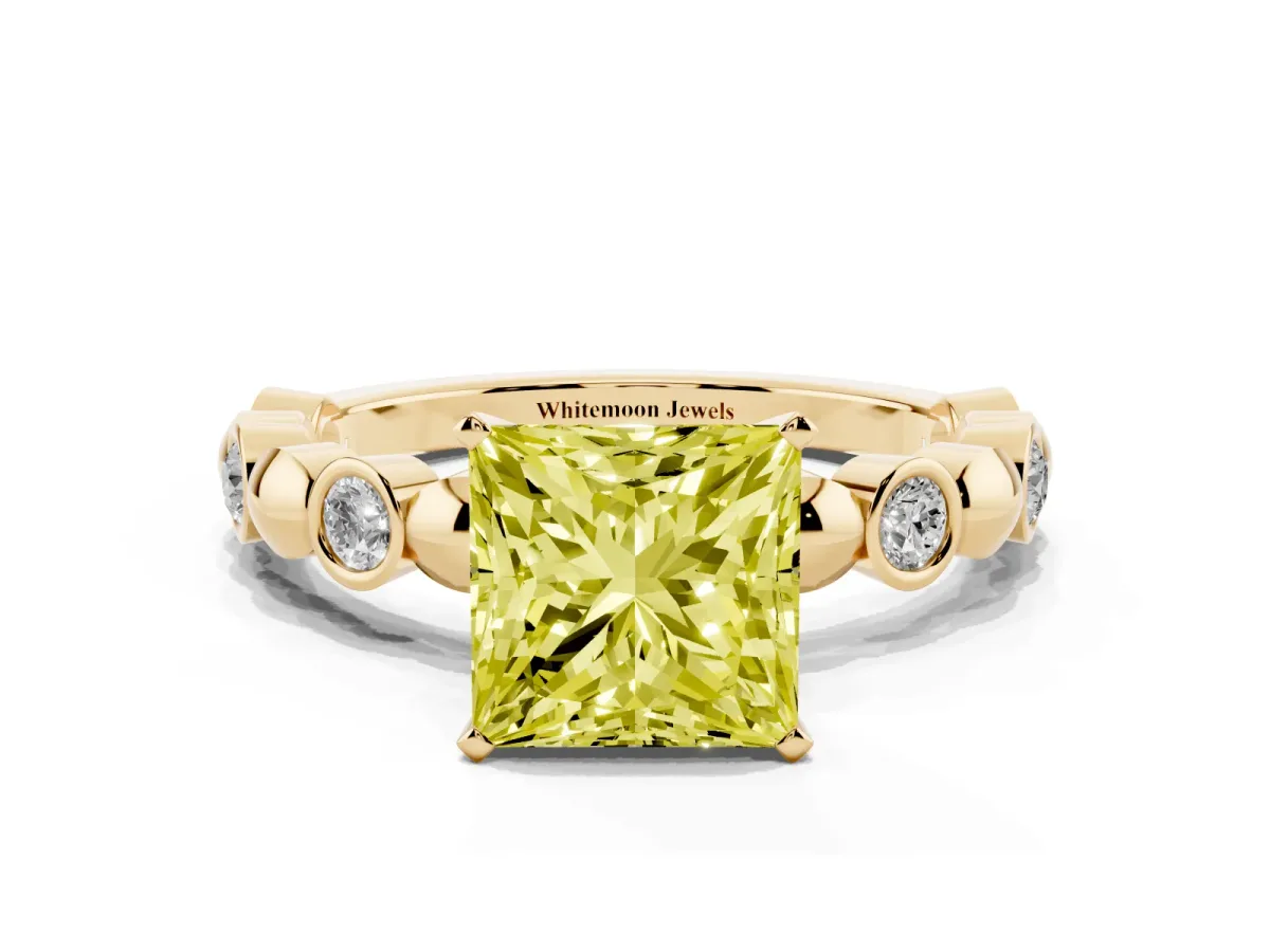 Fancy Yellow Princess Cut Solitaire Bezel-Set Diamond Ring with Beaded Band and Four-Prong Setting Yellow gold