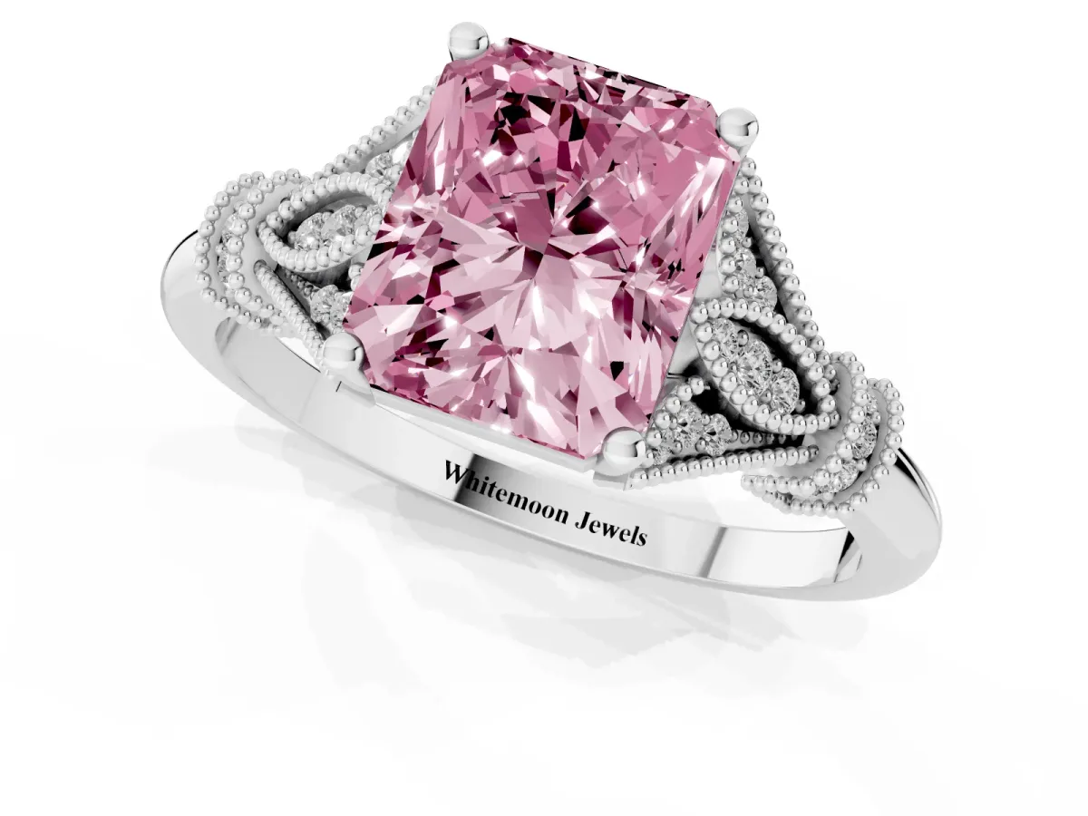 Fancy Pink Radiant Cut Diamond Solitaire Ring with Floral Filigree and Pave Accents White gold