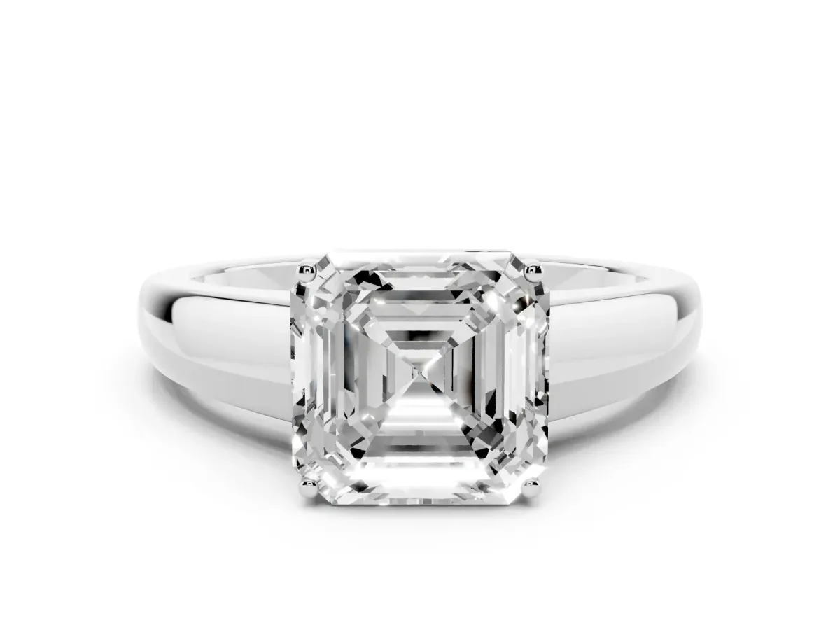 Asscher Cut Solitaire Diamond Ring with Tapered Band and Four-Prong Setting Silver