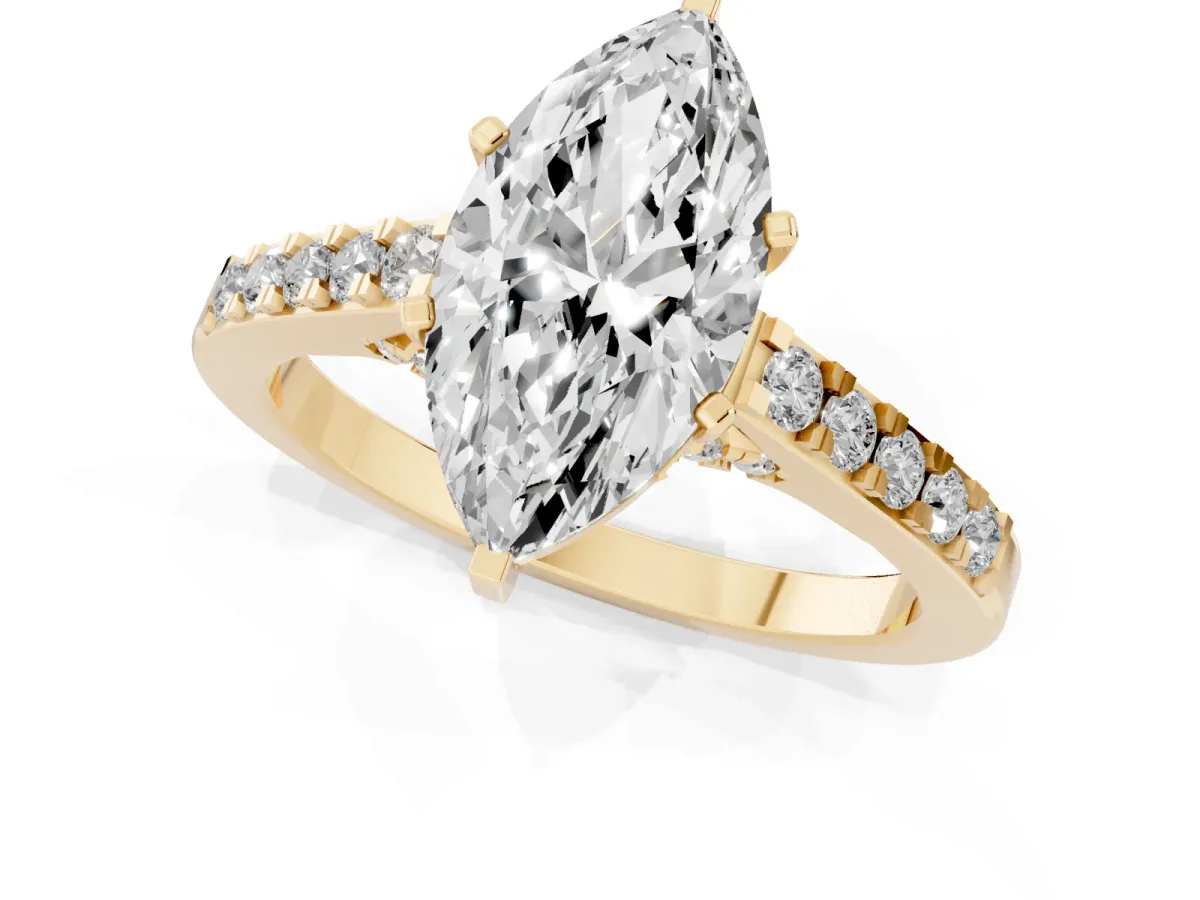 Marquise Cut Diamond Solitaire Ring with Crossover Gallery and Round Pavé Band Yellow gold