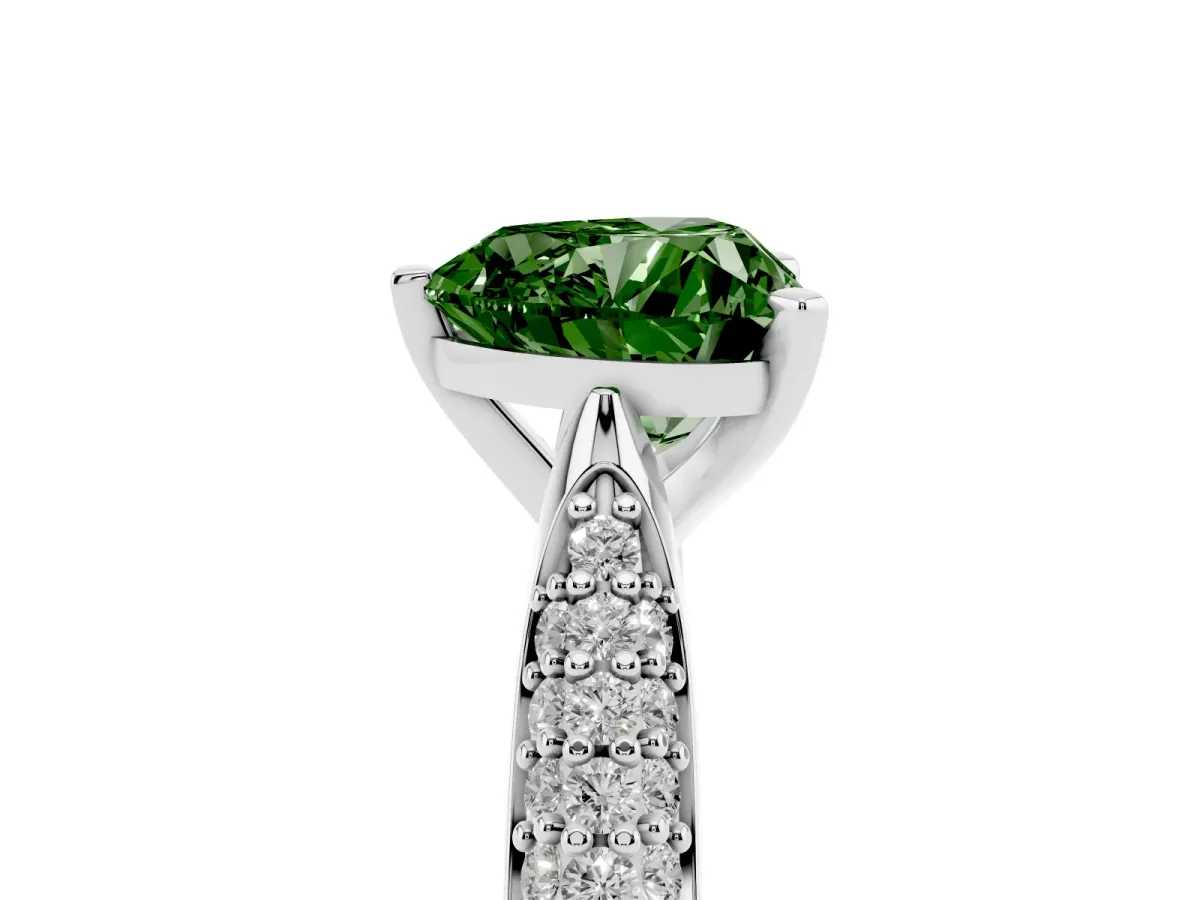 Fancy Green Heart Cut Diamond Solitaire Engagement Ring with Multi-Row Round Pavé Band and Prong Setting Silver