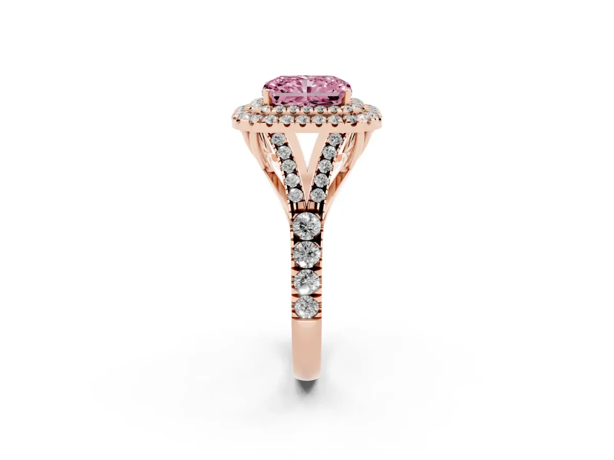 Fancy Pink Radiant Cut Cut Double Halo Split Shank Diamond Ring with Prong Setting Rose gold