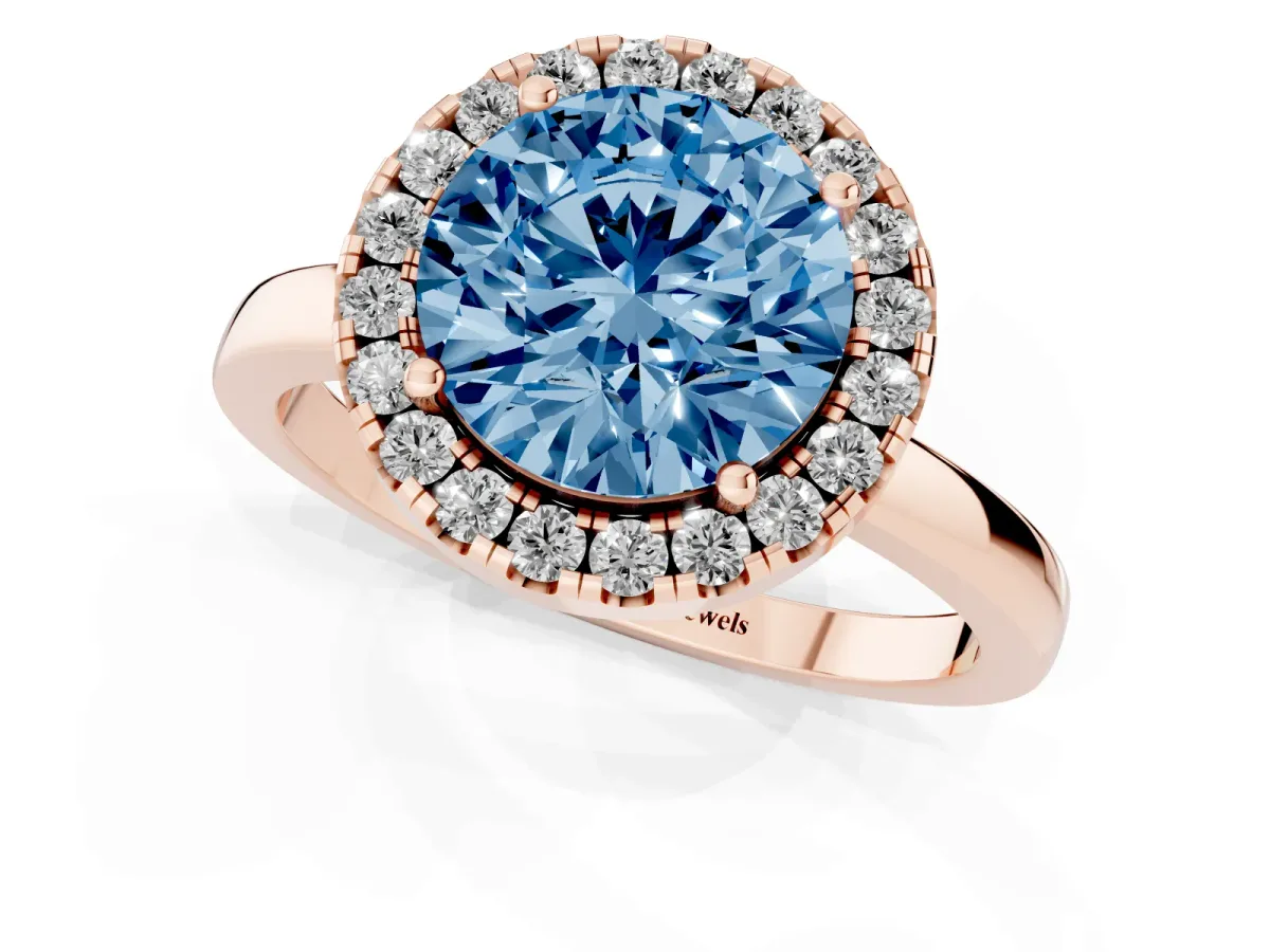 Fancy Blue Round Cut Halo Diamond Solitaire with Pavé Band and Four-Prong Setting Rose gold