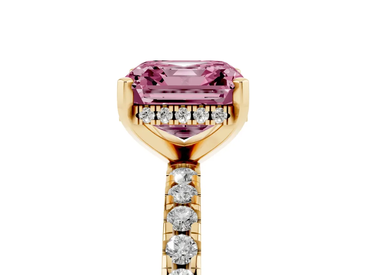 Fancy Pink Asscher Cut Diamond Solitaire Ring with Round Pavé Band and Four-Prong Setting Yellow gold