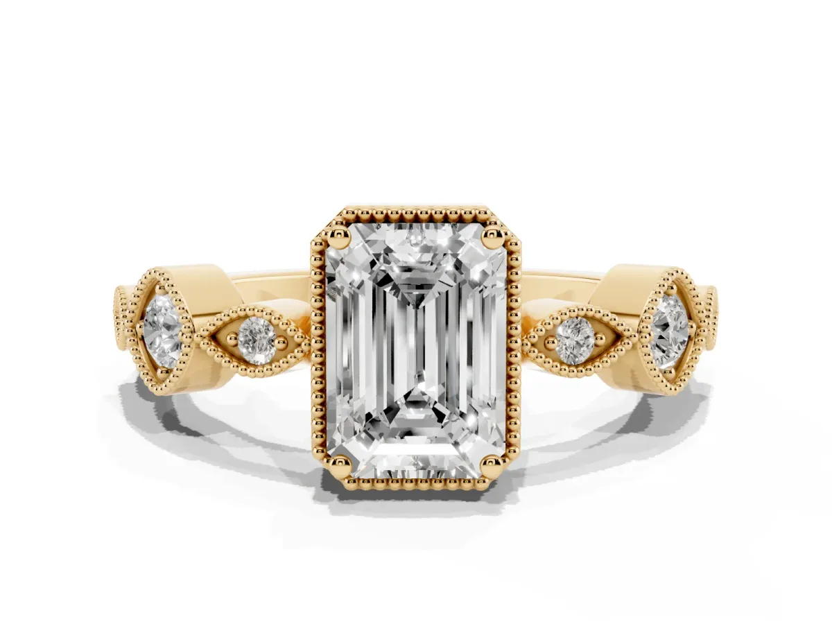 Emerald Cut Diamond Vintage Milgrain Ring with Round Stations Yellow gold