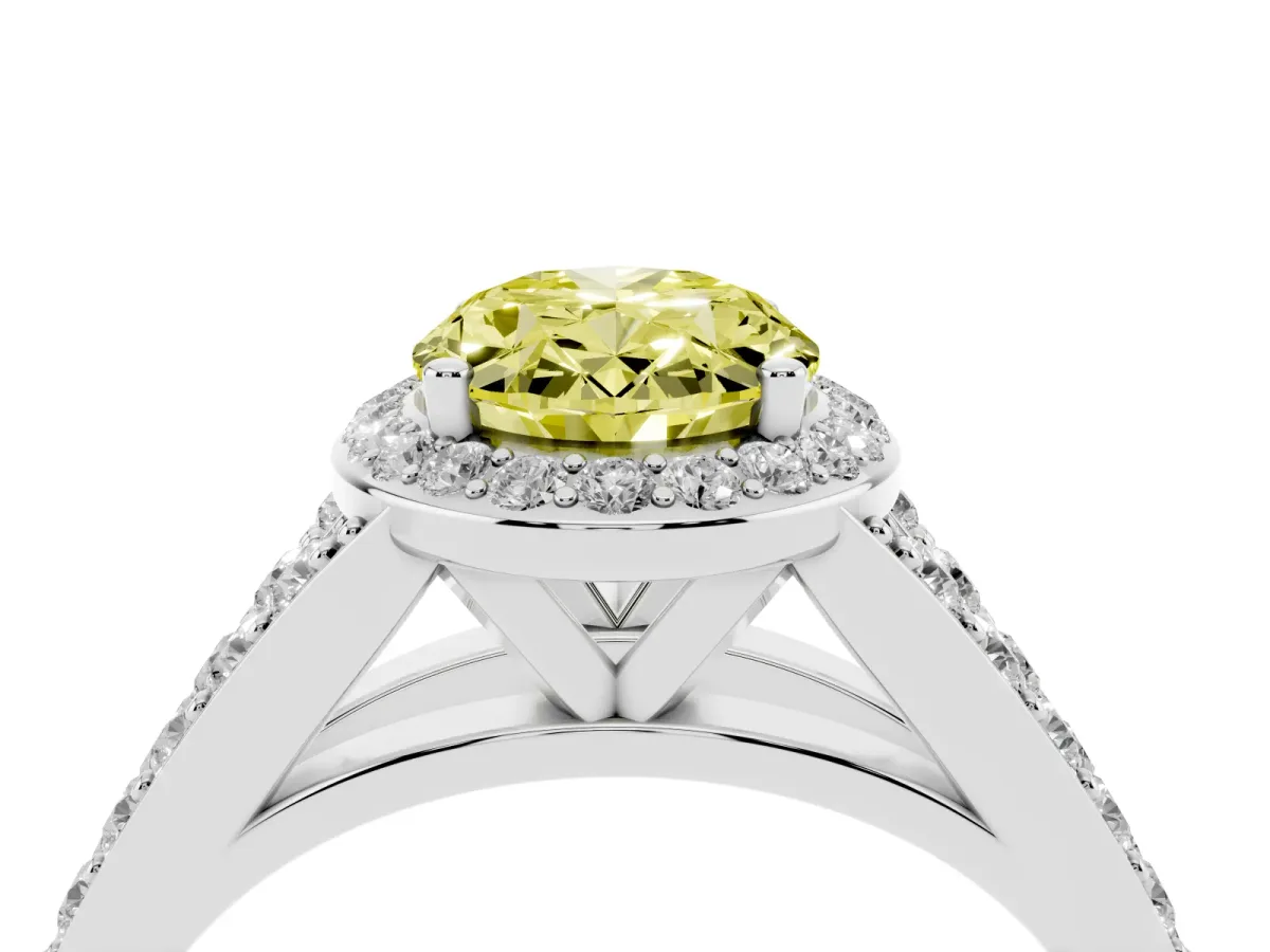 Fancy Yellow Oval Cut Diamond Split Shank Halo Ring with Four-Prong Setting Silver