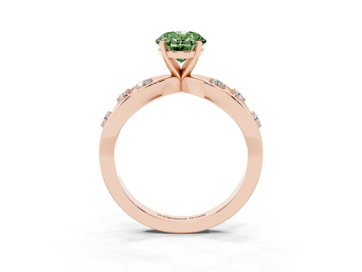 Fancy Green Oval Cut Cut Solitaire Diamond with Side Stones on Criss-Cross Band and Four-Prong Setting Rose gold