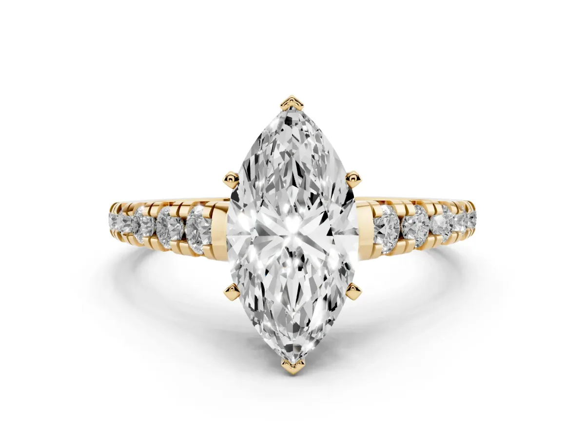 Marquise Cut Diamond Cathedral Solitaire Ring with Round Pavé Band Yellow gold