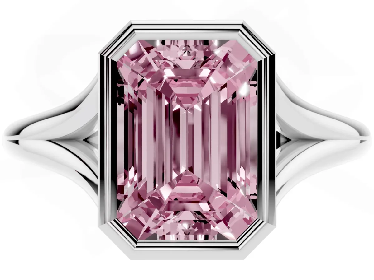 Fancy Pink Bezel Set Emerald Cut Cut Solitaire Ring with Tapered Band Silver