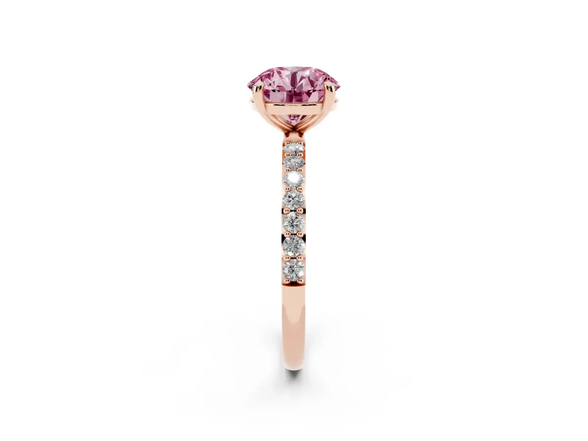 Fancy Pink Round Cut Diamond Solitaire Ring with Round Pavé Band and Prong Setting Rose gold