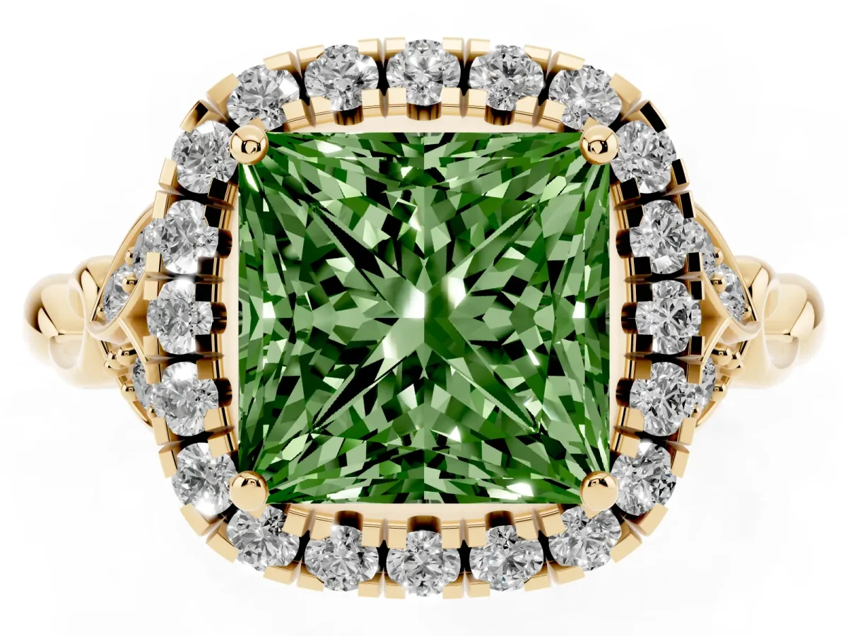 Fancy Green Princess Cut Halo Diamond Engagement Ring with Vintage-Inspired Band and Four-Prong Setting Yellow gold