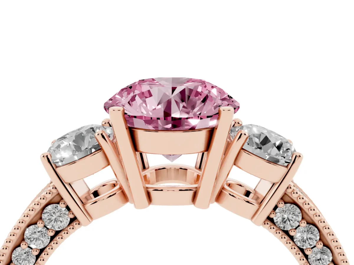 Fancy Pink Round Cut Three-Stone Diamond Ring with Pavé Band and Four-Prong Setting Rose gold