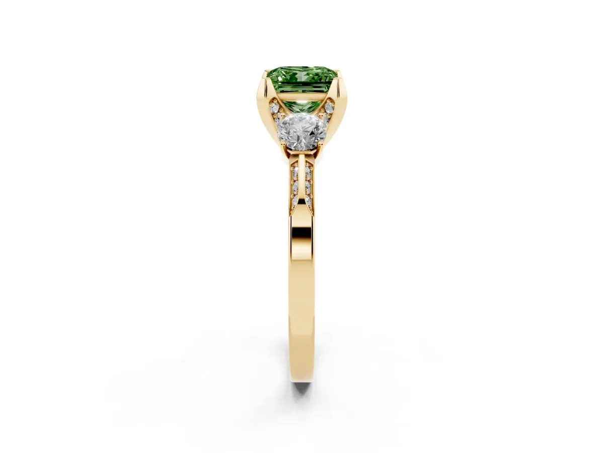 Fancy Green Princess Cut Brilliant Three-Stone Diamond Ring with Pavé Band and Four-Prong Setting Yellow gold