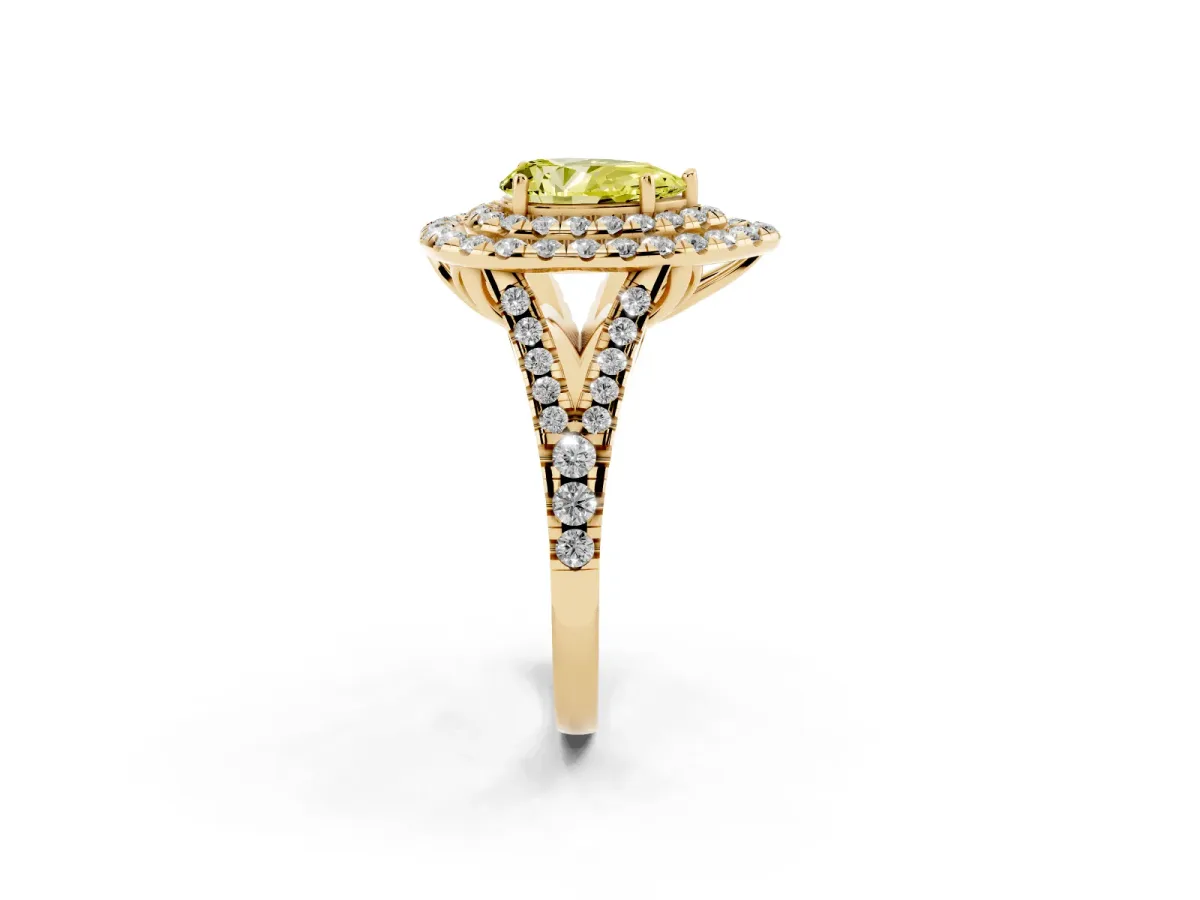 Fancy Yellow Double Halo Pear Cut Diamond Pavé Split Shank Ring with Prong Setting Yellow gold
