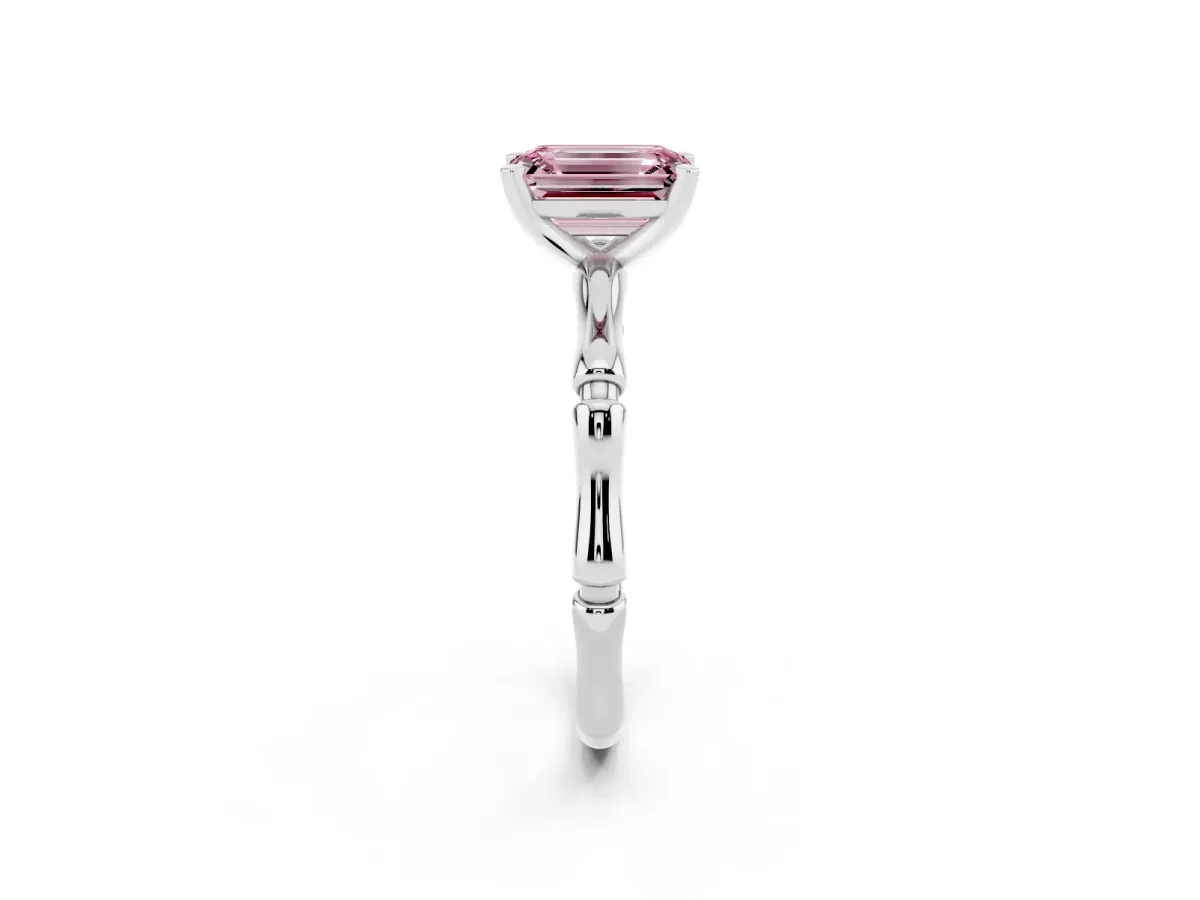 Fancy Pink Emerald Cut Solitaire Diamond Ring with Bamboo Band and Four-Prong Setting Silver