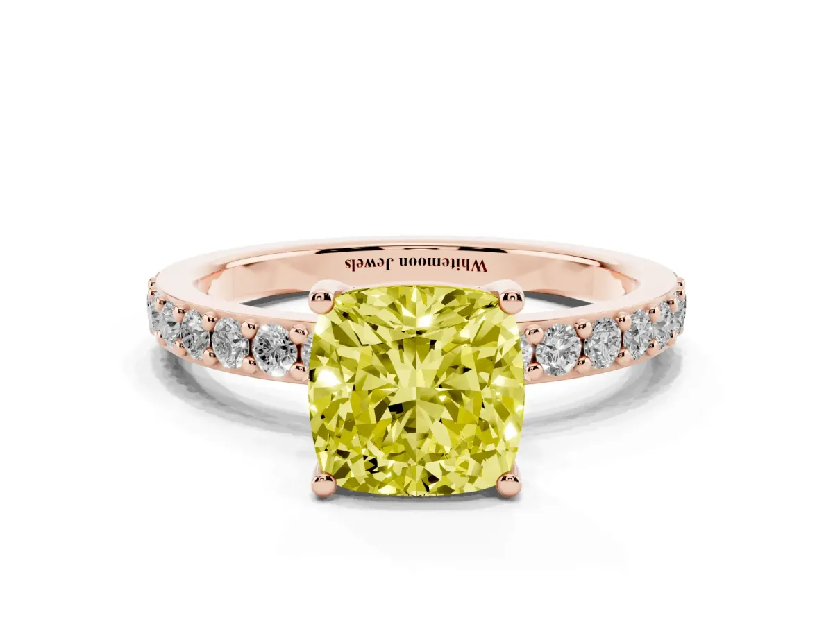 Fancy Yellow Cushion Cut Cut Diamond Solitaire with Pave Band and Four-Prong Setting Rose gold