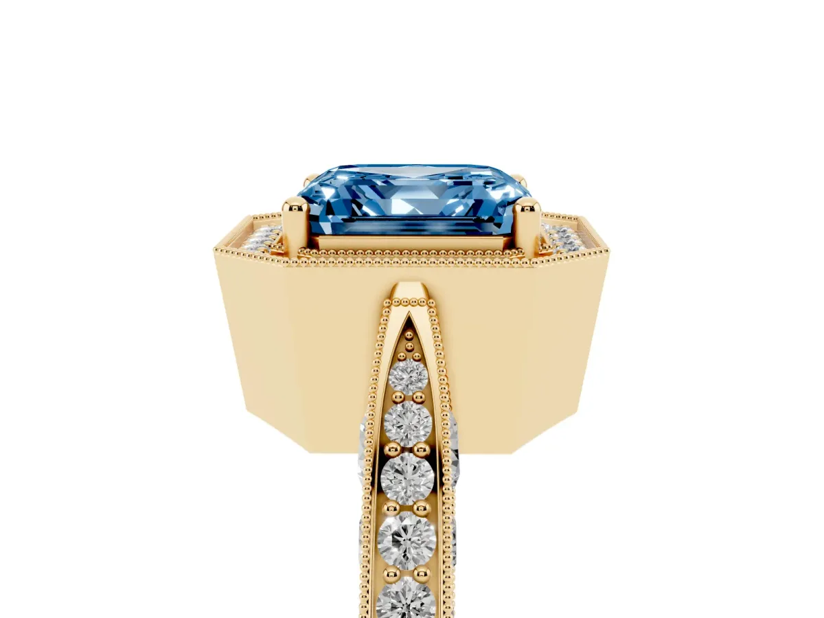 Fancy Blue Asscher Cut Halo Diamond Engagement Ring with Split Shank Band and Four-Prong Setting Yellow gold