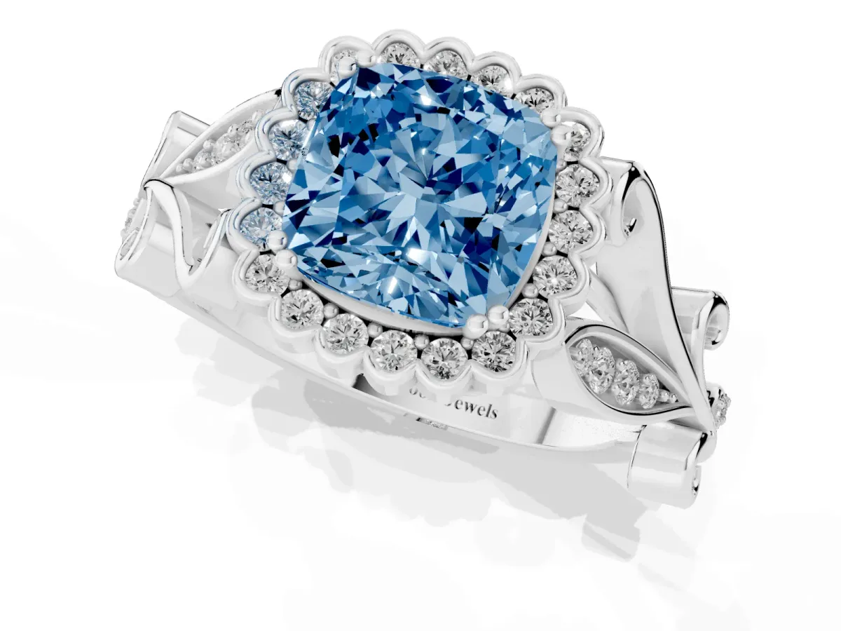 Fancy Blue Cushion Cut Diamond Halo Ring with Vintage Split Shank and Four-Prong Setting Silver